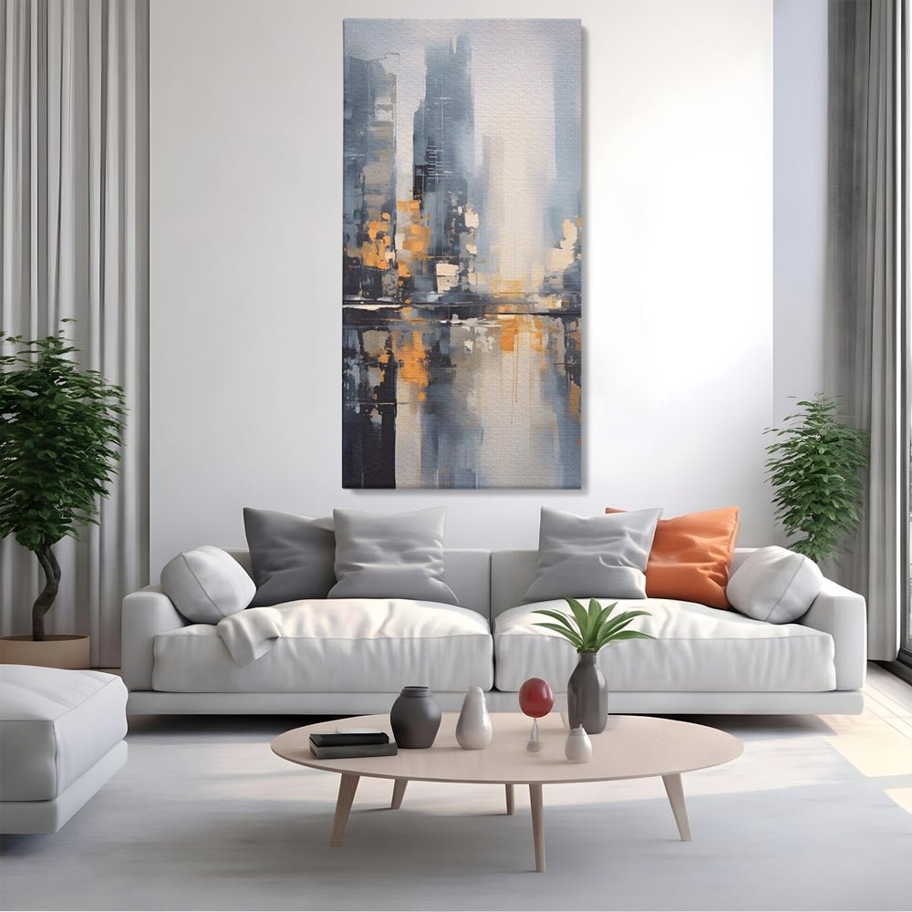 Tablou canvas cu pictura abstracta cu cladiri si reflexii, fara rama, pe sasiu de lemn, pe perete intr-un living
